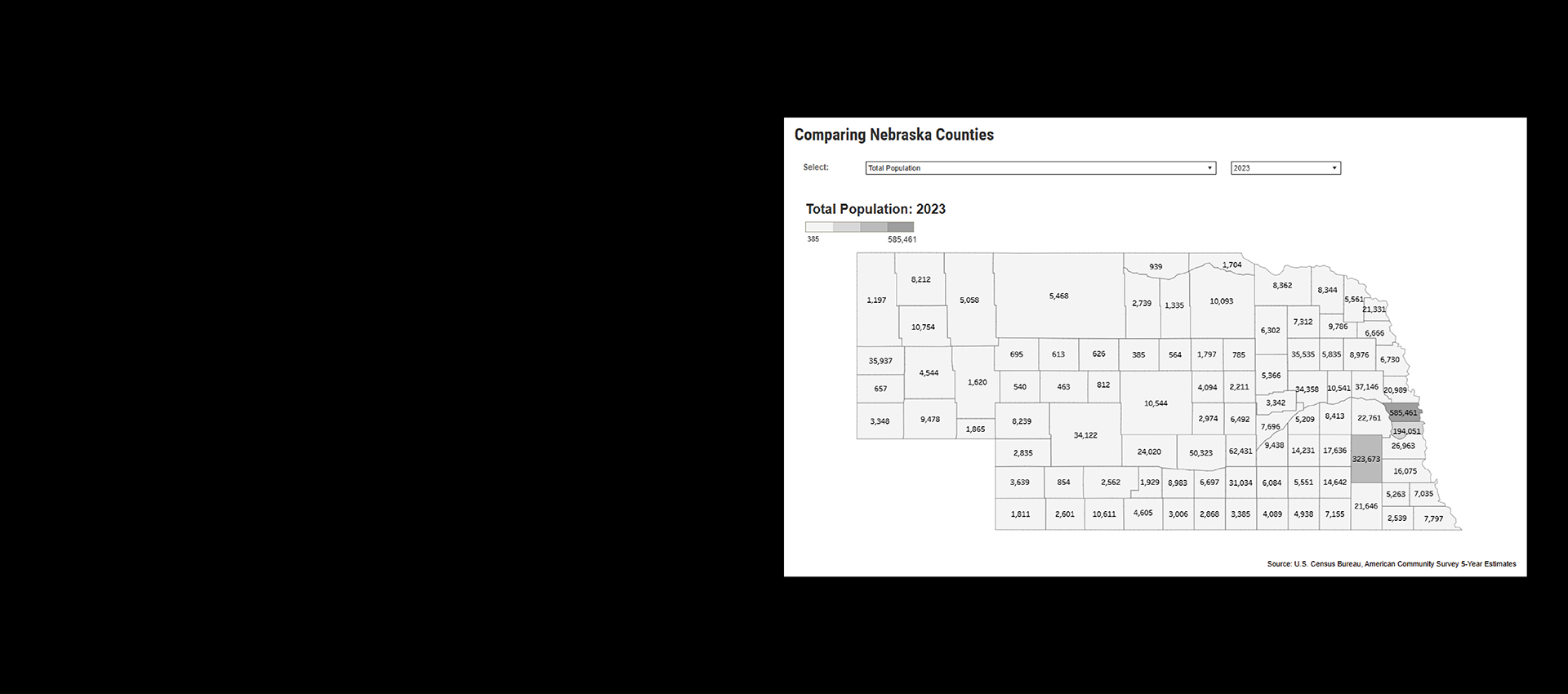 map comparing Nebraska counties for population ages under 5 years for 2022