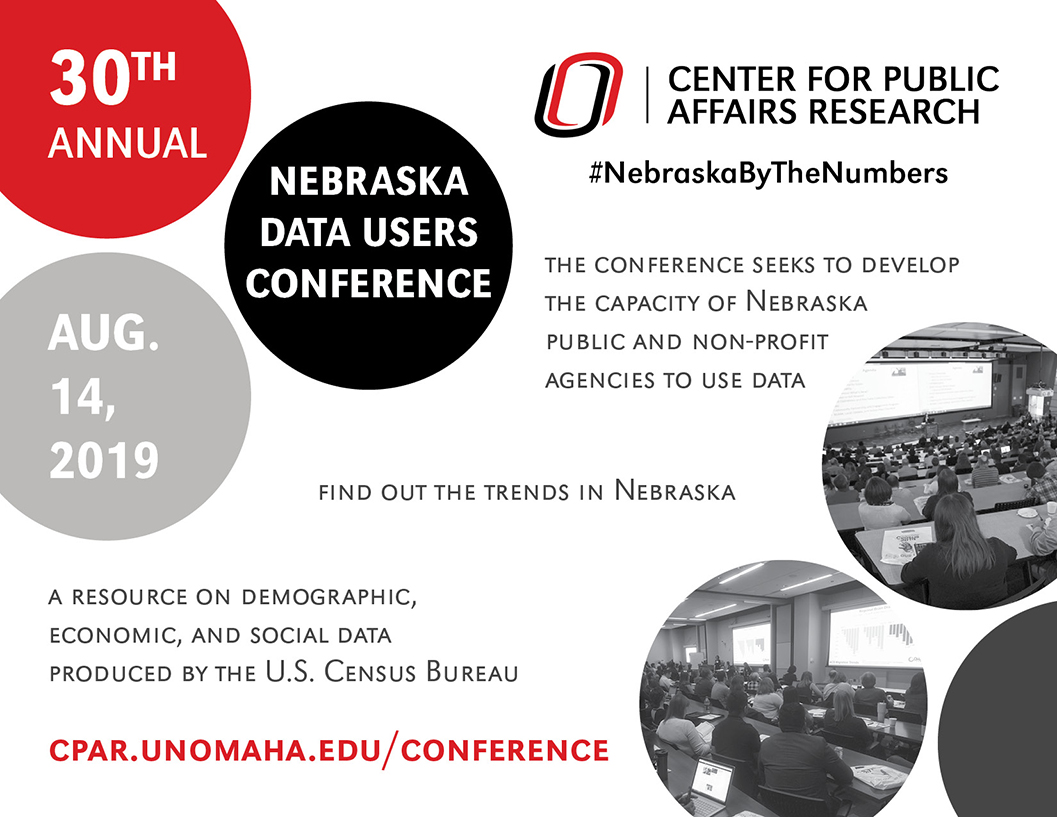 Colored circles with information about the 30th Annual Nebraska Data Users Conference.