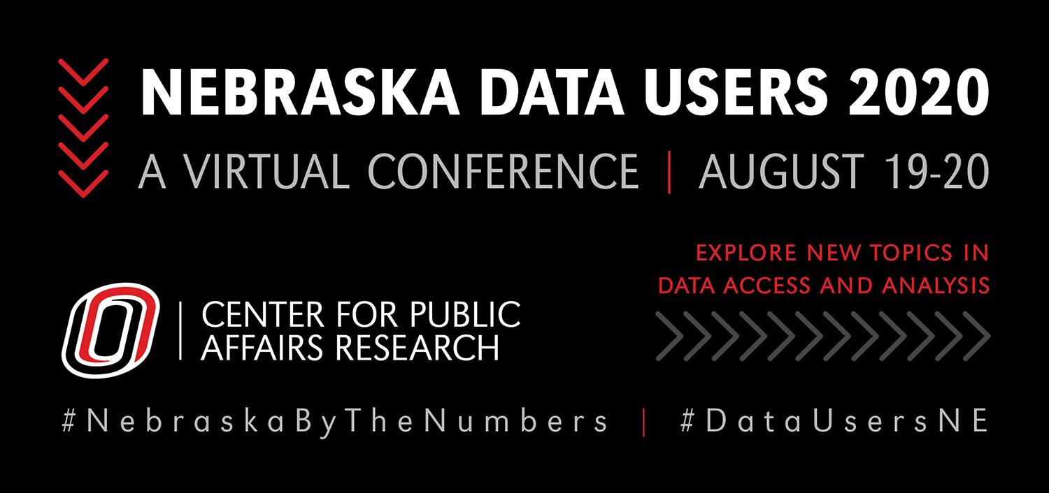 Black background with red and gray arrows and Nebraska Data Users 2020.