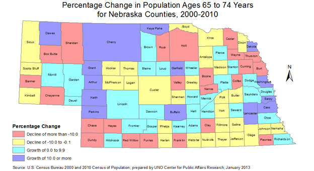 Map of Percentage Change in Population Ages 65 to 74 for Nebraska Counties, 2000-2010