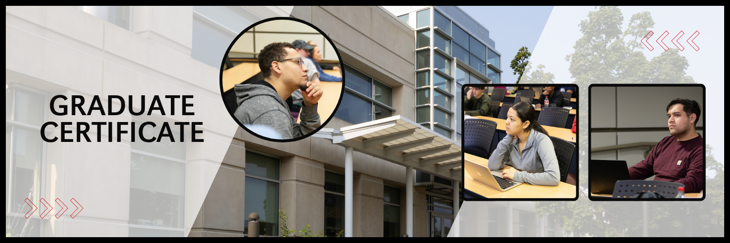 Two students and an instructor in front of the front entrance to CPACS building.
