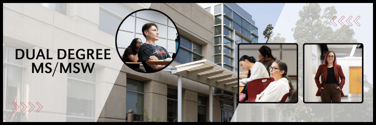 Two students sitting in a classroom and one student standing in a hallway.
