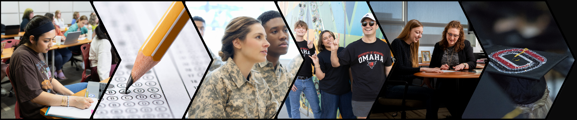 Multiple images of people showing steps to degree completion.