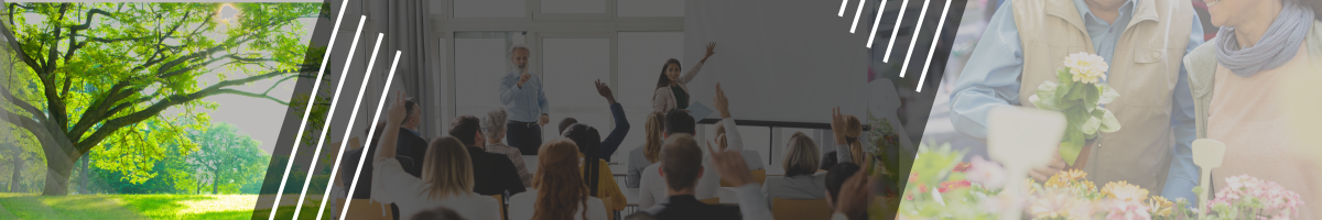 Tree next to lecture hall with students. 