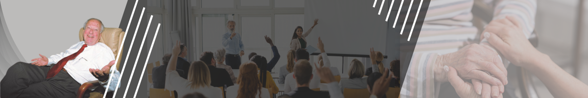 Chuck Powell sitting in a recliner next to a lecture hall with students.