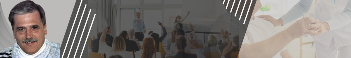 Karl Koslaski headshot next to lecture hall with students.