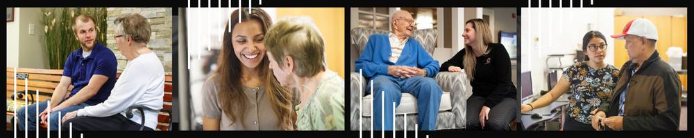 four images each with a student talking to an older adult.