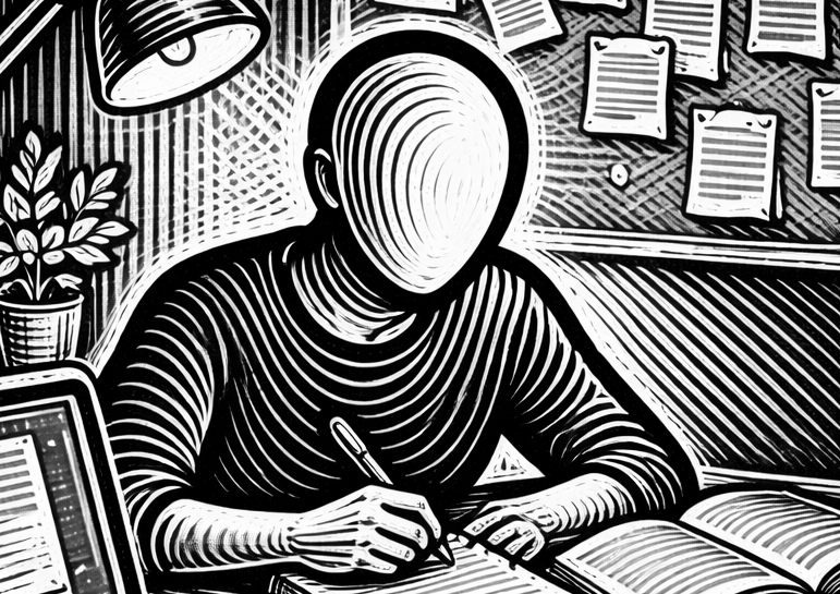 black and white picture of a person at a desk writing in a notebook, with other notebooks and a laptop on the table