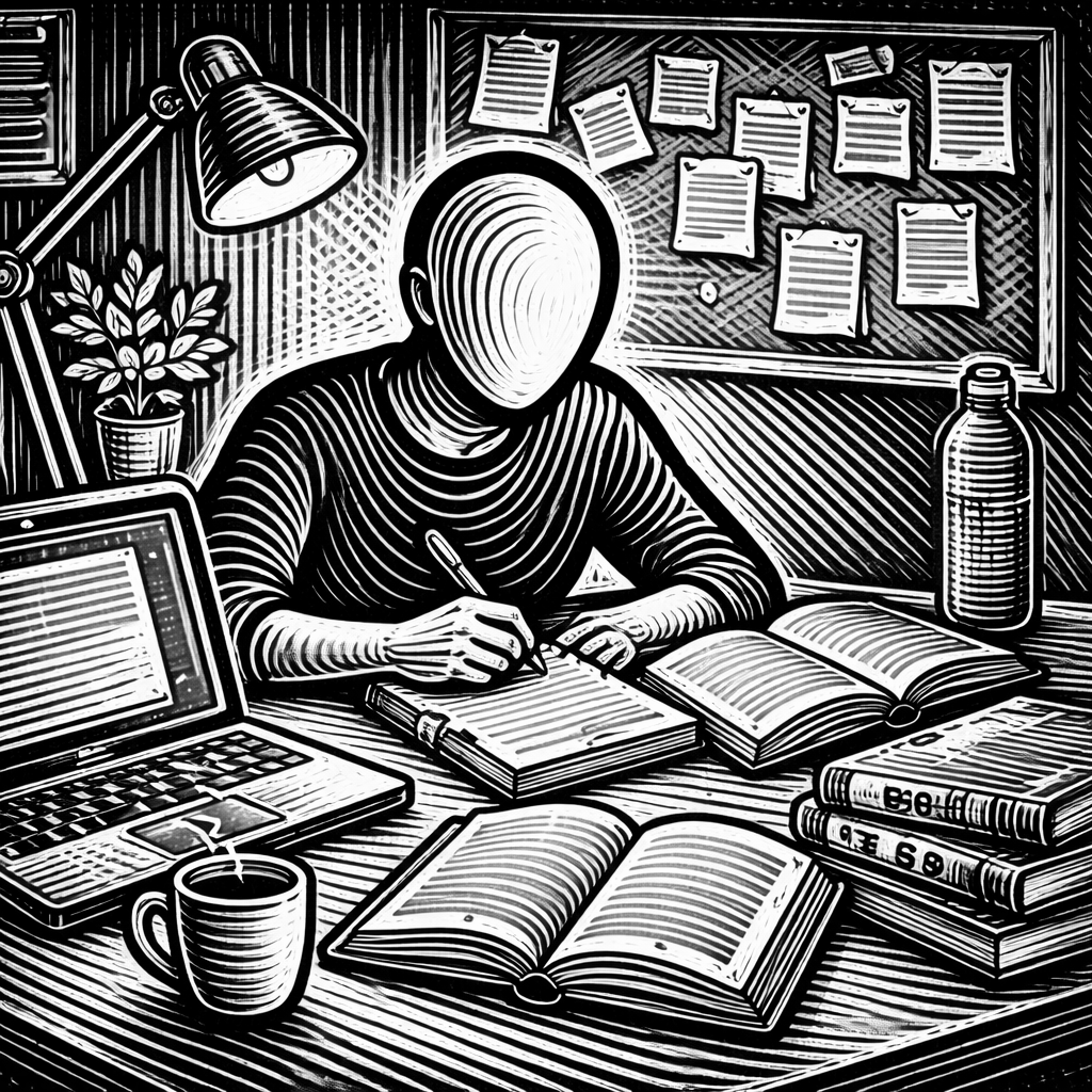 A black and white image of a person at a desk with a computer and studying materials.