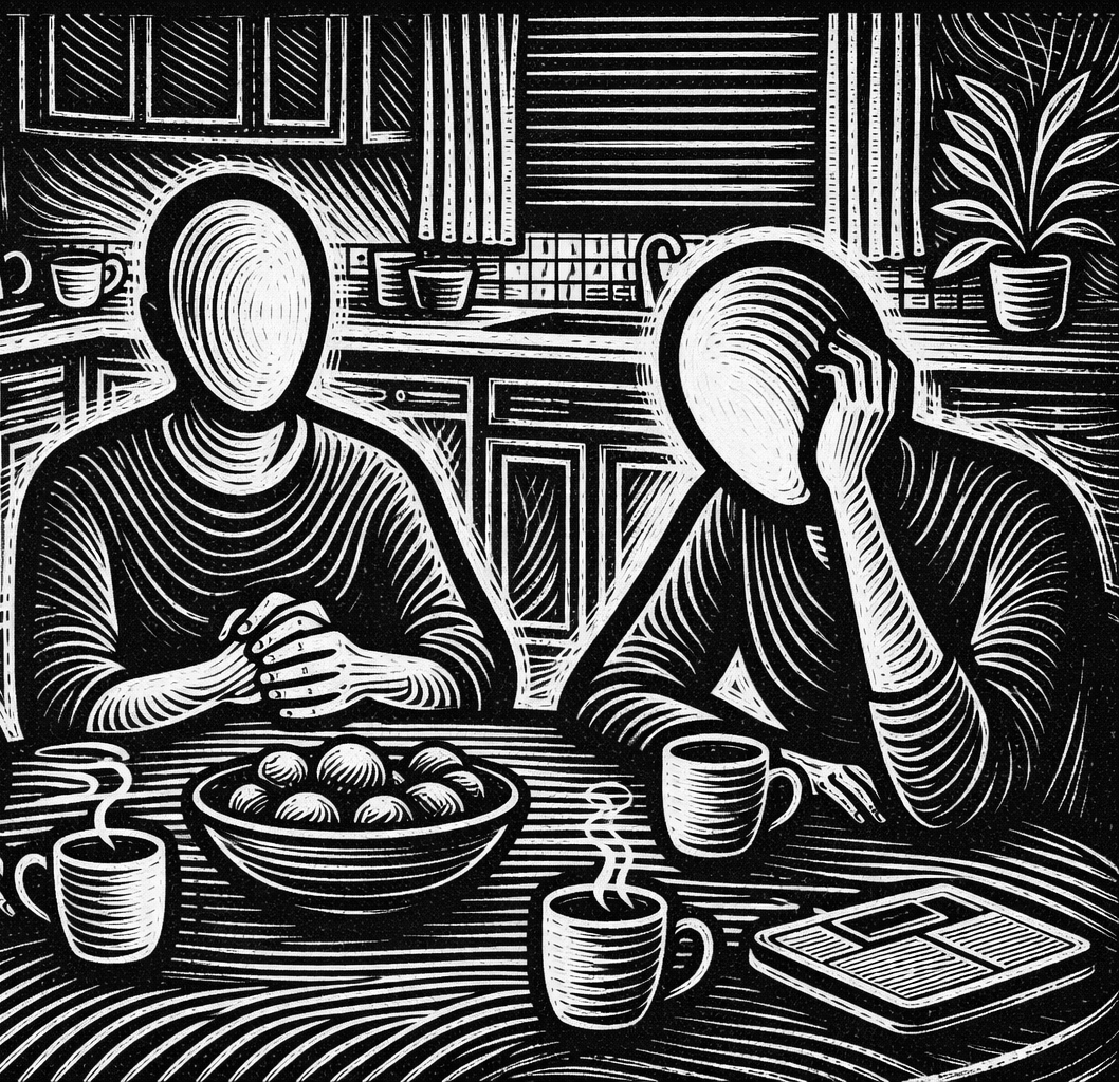 two adults at a table, one looks distressed