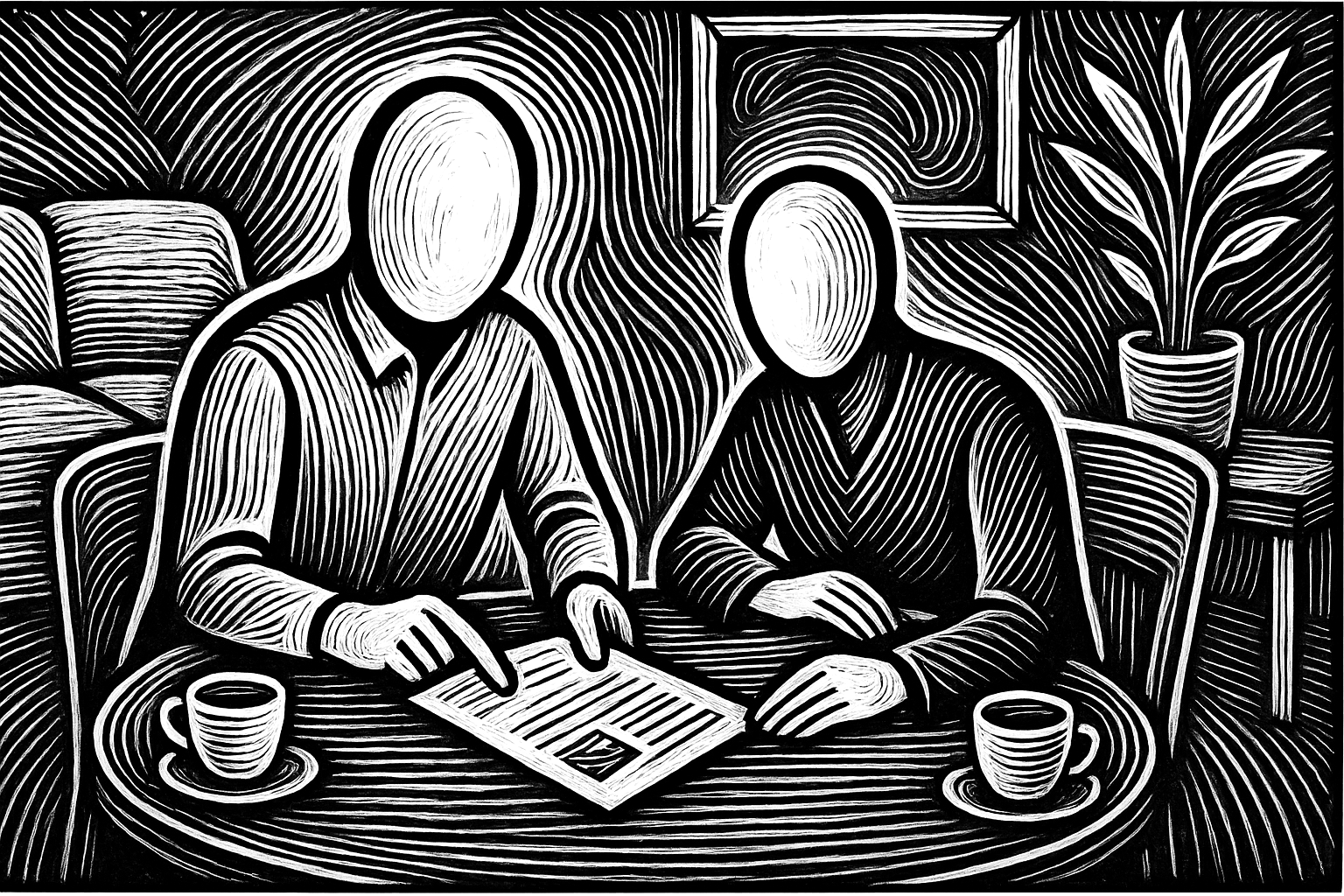 A black and white image of two people sitting at a table and studying a piece of paper together.
