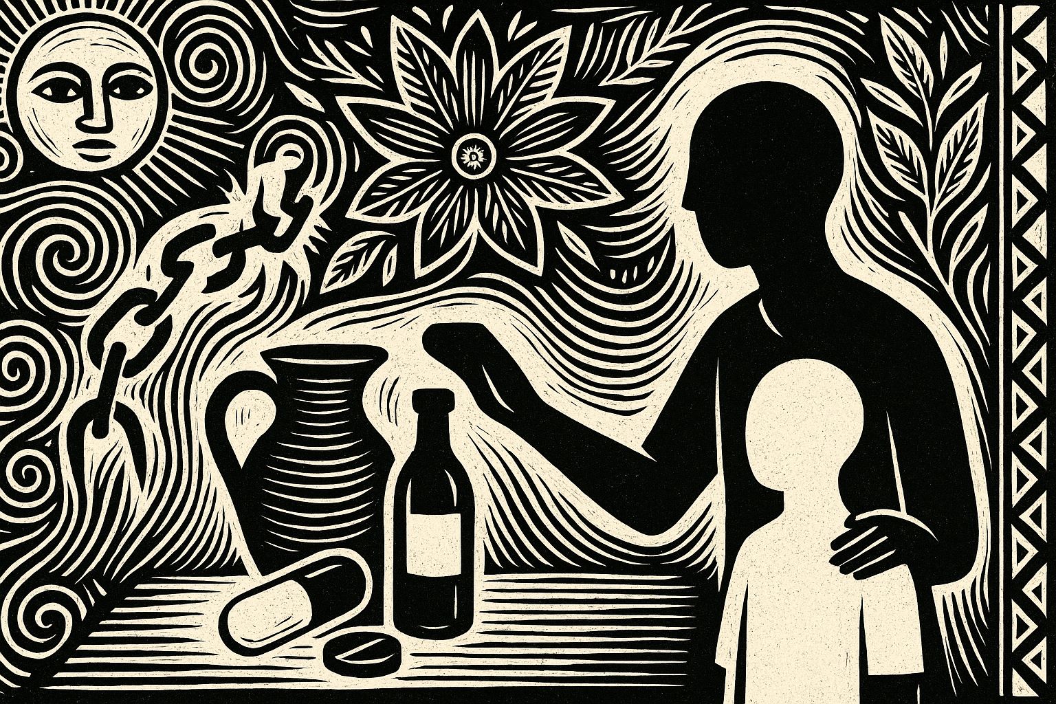 An adult with their hand around a child's shoulder, shunning alcohol bottles and pills on the table in front of them.