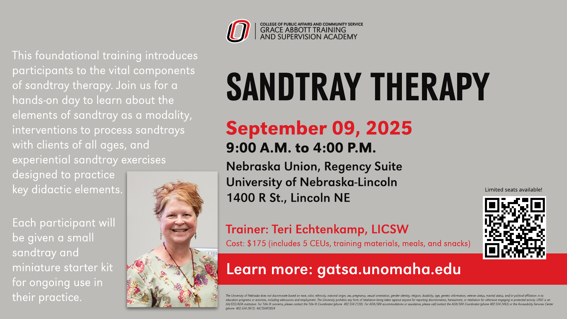 Flier for a Sandtray Therapy training on September 9, 2025, in Lincoln, NE, with event details, QR code, and trainer photo.