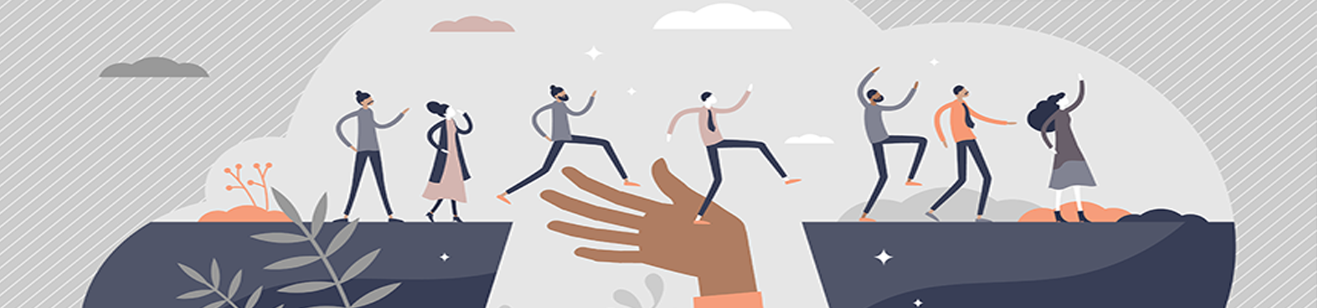 An illustrated image of 7 people walking over a gap in a cliff-like shape being supported by a large hand.