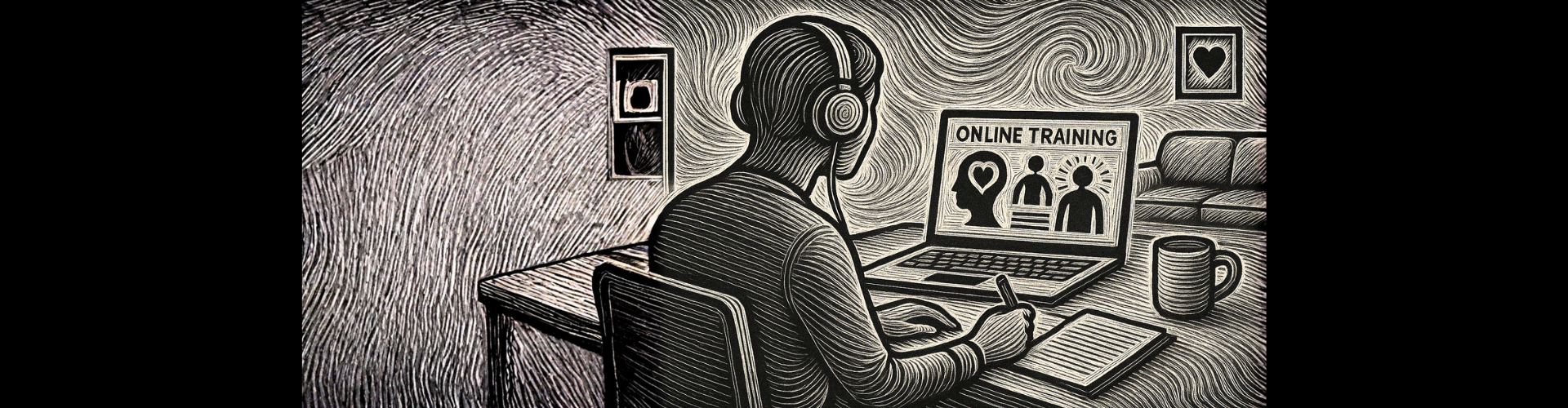A black and white image of a person sitting at a computer watching a screen titled "Online Training".