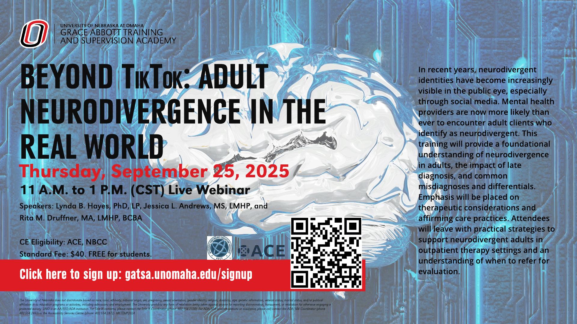 Flier for 'Beyond TikTok: Adult Neurodivergence in the Real World' live webinar on September 25, 2025, hosted by Grace Abbott Training and Supervision Academy. Includes date, time, speaker names, CE eligibility, fee, registration QR code, and training summary focused on understanding and supporting neurodivergent adults.
