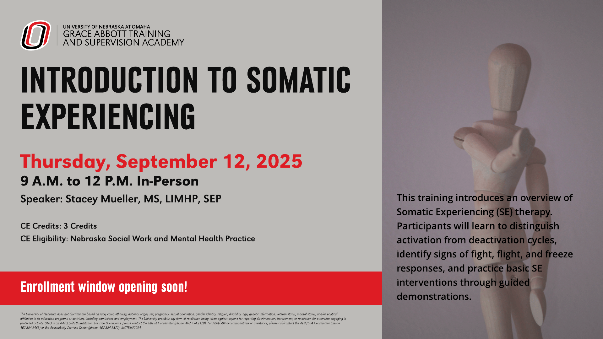 Flier for 'Introduction to Somatic Experiencing' in-person training on September 12, 2025, hosted by Grace Abbott Training and Supervision Academy. Includes date, time, speaker name, CE credits, eligibility, and training summary on SE therapy techniques for recognizing and managing fight, flight, and freeze responses.