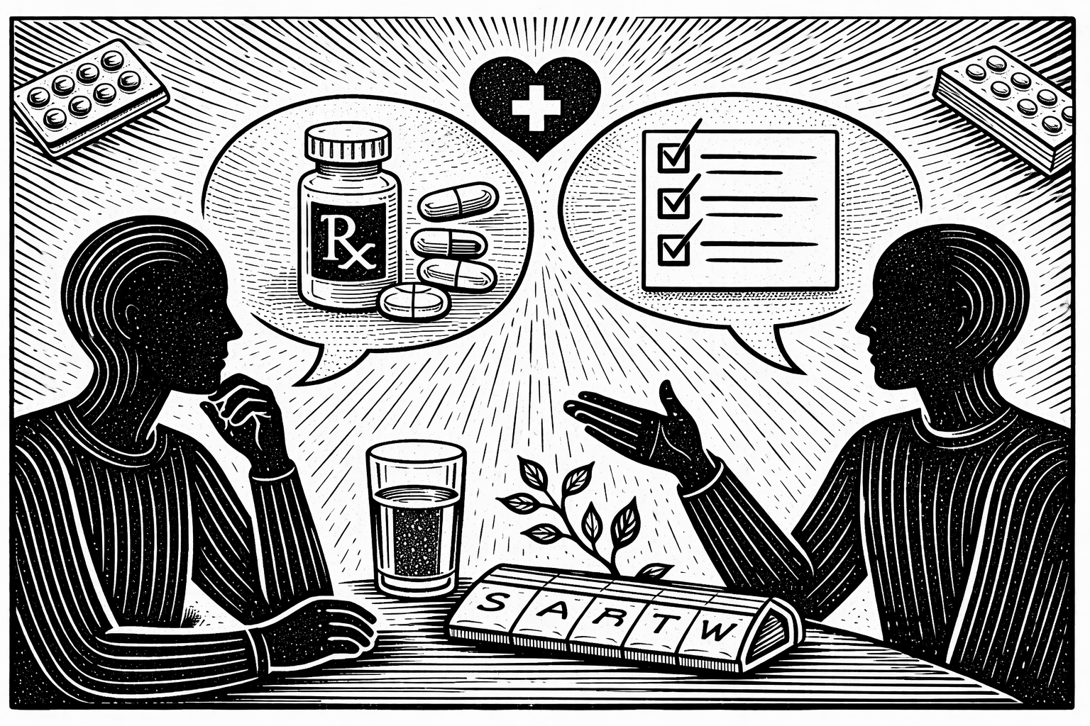 two people sitting at a table talking about medications through their thought bubbles