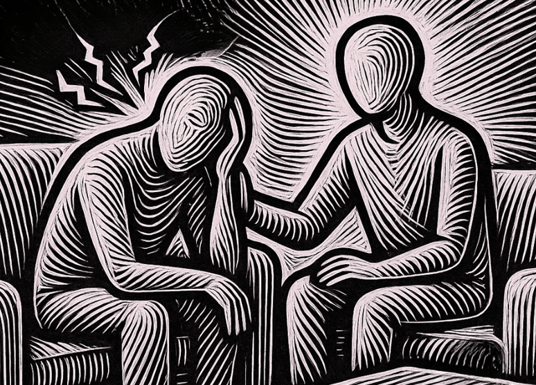 Two people sitting on adjacent chairs. One is comforting the other by putting their hand on the other's back.