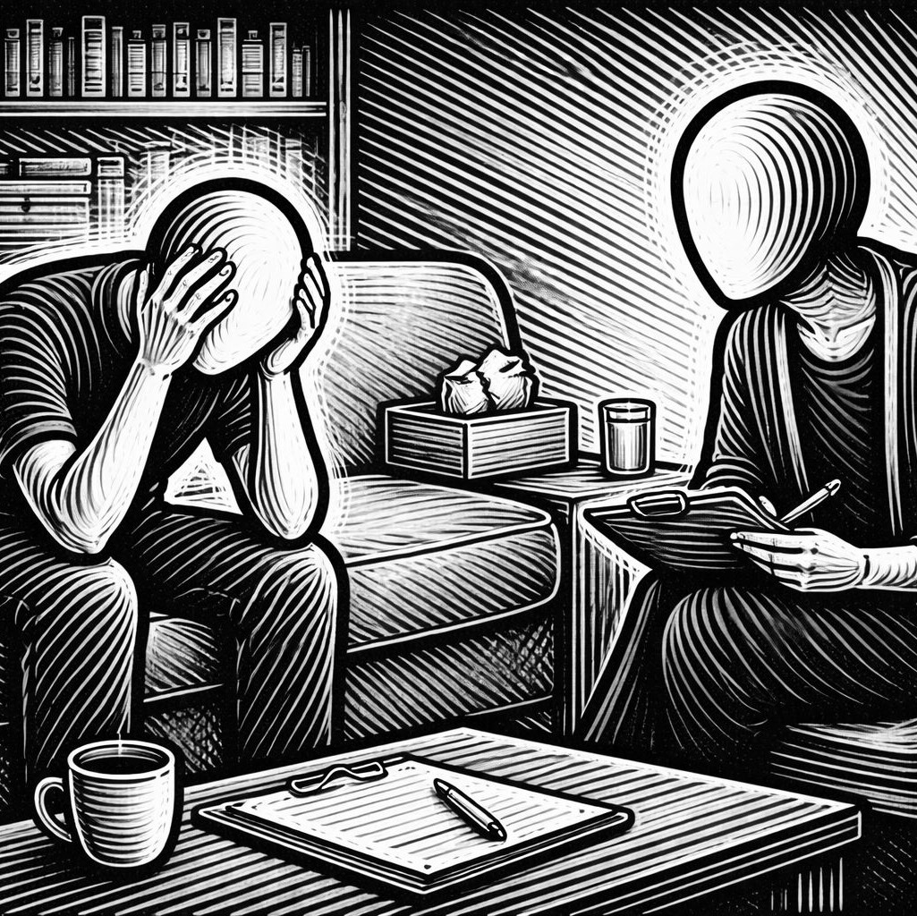 A black and white image of a person with a notepad in a chair looking at another person next to them in another chair with their head in their hands.