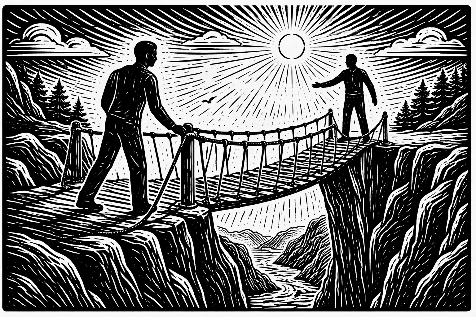 two people on opposite sides of a bridge over a chasm