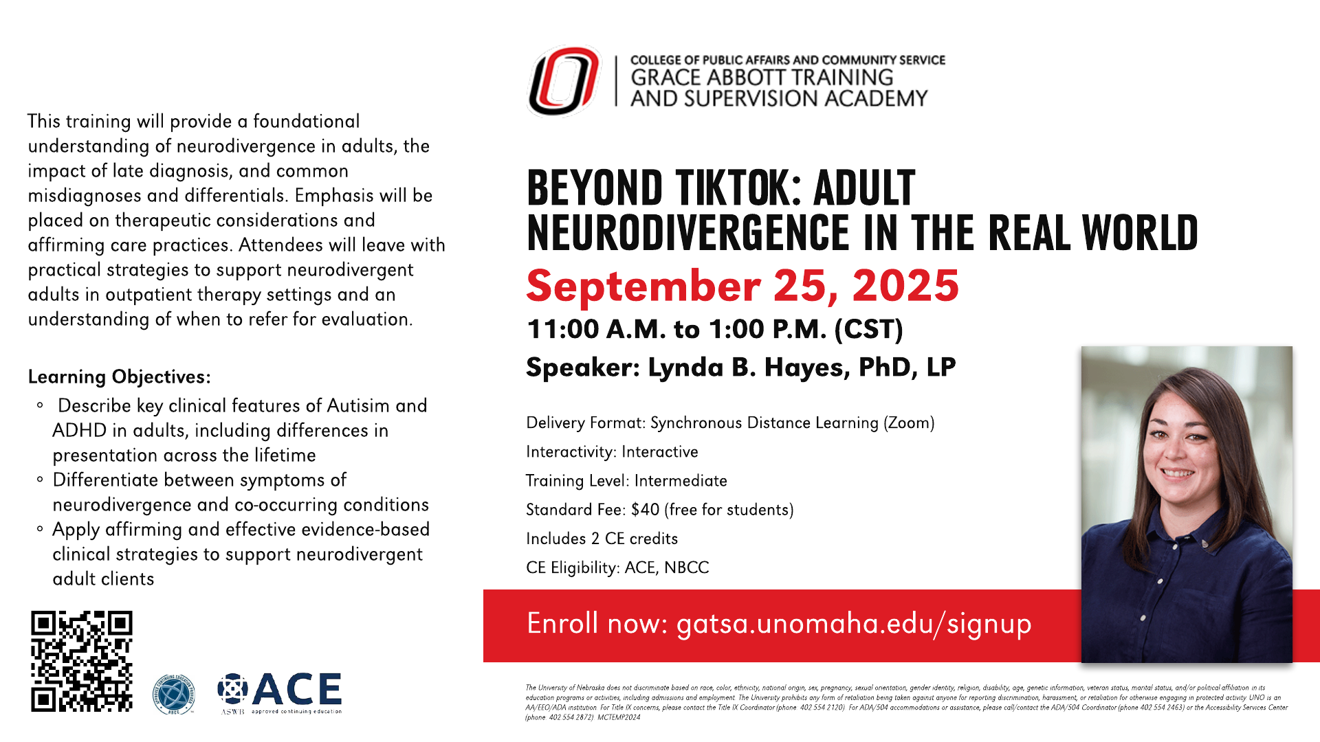 Flier for 'Beyond TikTok: Adult Neurodivergence in the Real World' live webinar on September 25, 2025, hosted by Grace Abbott Training and Supervision Academy. Includes date, time, speaker names, CE eligibility, fee, registration QR code, and training summary focused on understanding and supporting neurodivergent adults.
