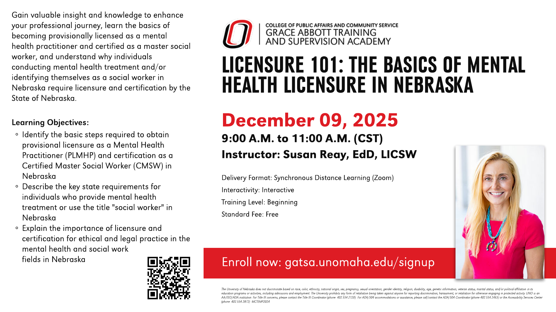 Flier for a live webinar named 'Licensure 101: The Basics of Mental Health LIcensure in Nebraska' on December 09, 2025.