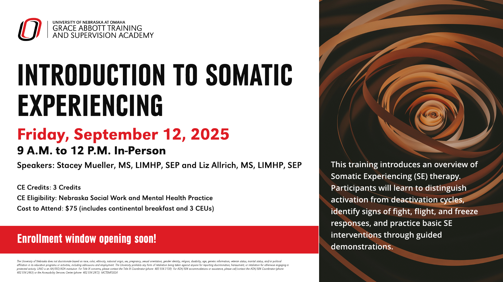 Flier for 'Introduction to Somatic Experiencing' in-person training on September 12, 2025, hosted by Grace Abbott Training and Supervision Academy. Includes date, time, speaker name, CE credits, eligibility, and training summary on SE therapy techniques for recognizing and managing fight, flight, and freeze responses.