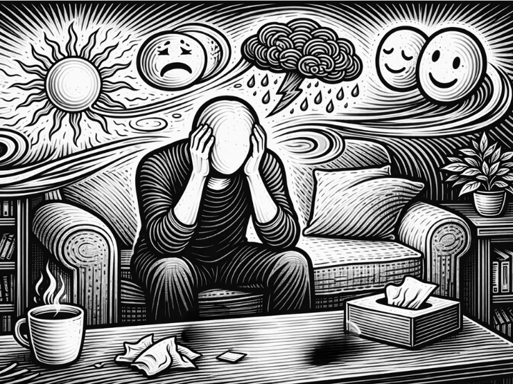 person sitting on a couch with a sun and rain clouds above them symbolizing the varied emotional states