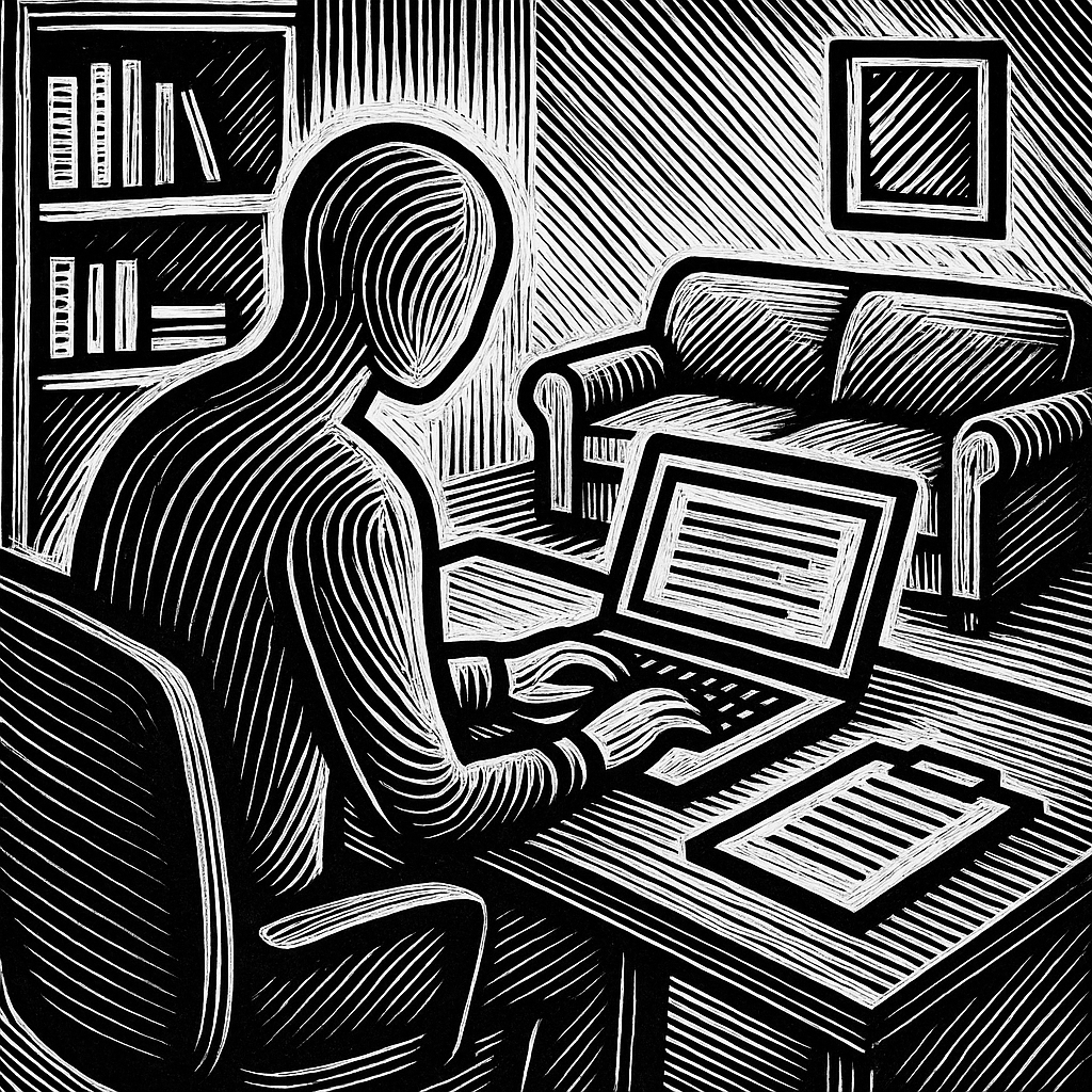 A black and white image of a person at a desk with a computer