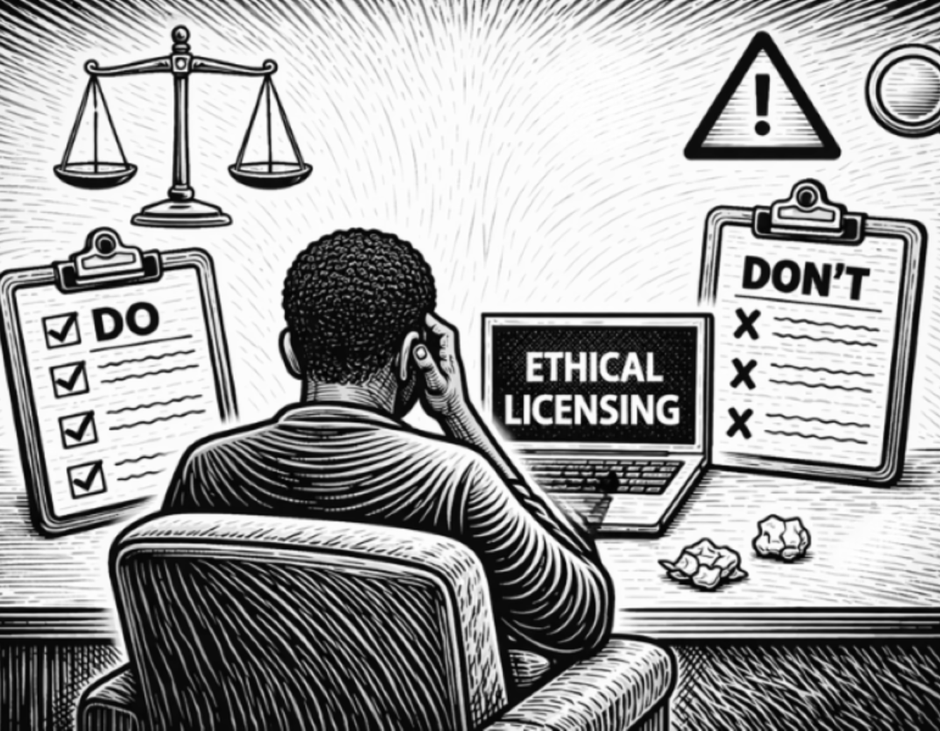 A black and white image of a person sitting at a desk with a computer and 2 clip boards saying "do" and "Don't"