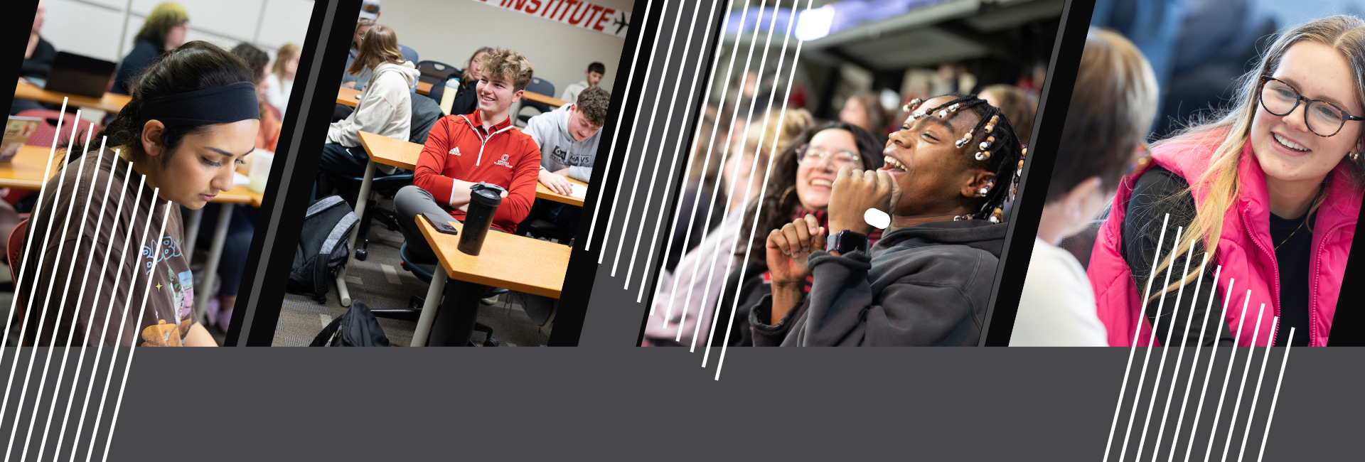 Four different images of students in classrooms and working together on projects.