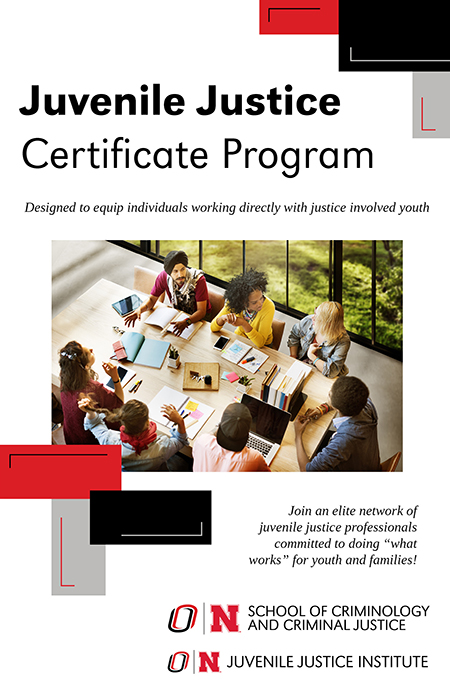 Juvenile Justice Certificate Program brochure cover with image of group of people sitting around a table