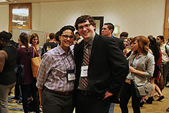 University of Nebraska Omaha doctoral students Starr Solomon (right) and Daniel Butler (left) catch up in-between meetings at the annual American Society of Criminology conference.