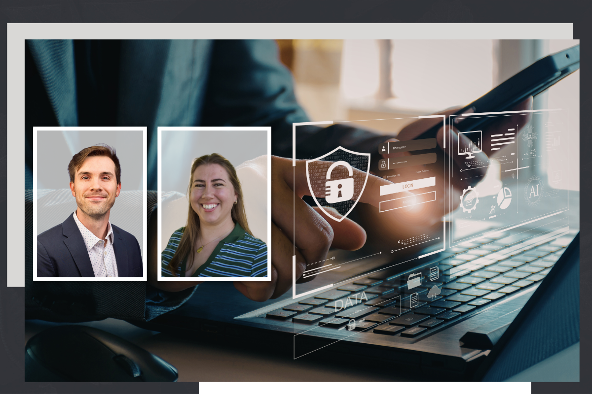 Dr. Carter and Dr. McNealy in front of a computer showing security icons.