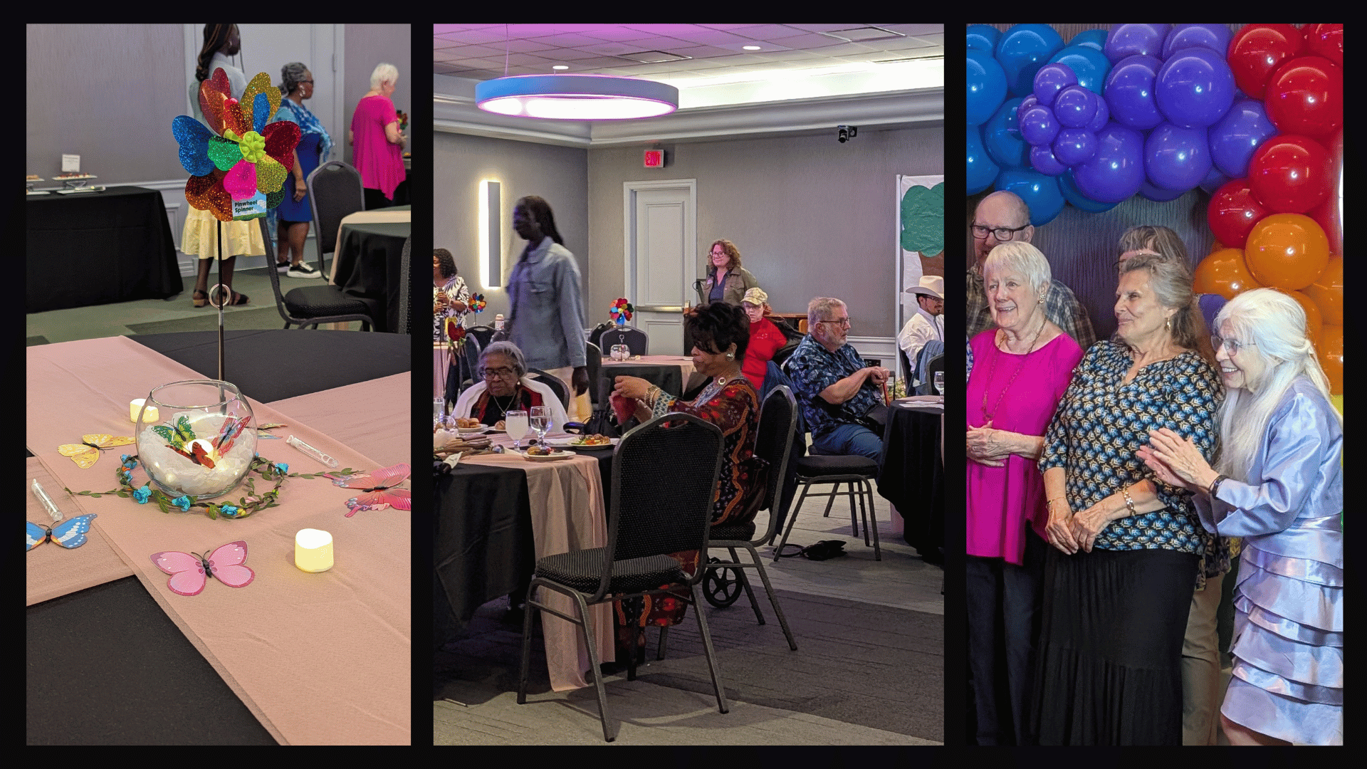 A flower wind spinner decoration with butterflies and people sitting and standing.