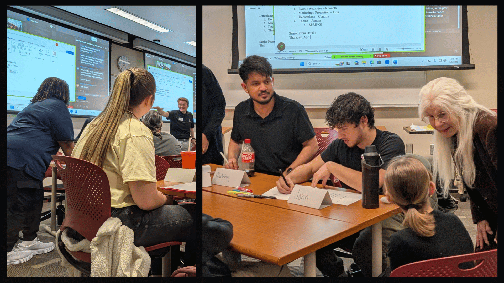 College students and staff sitting at a table.