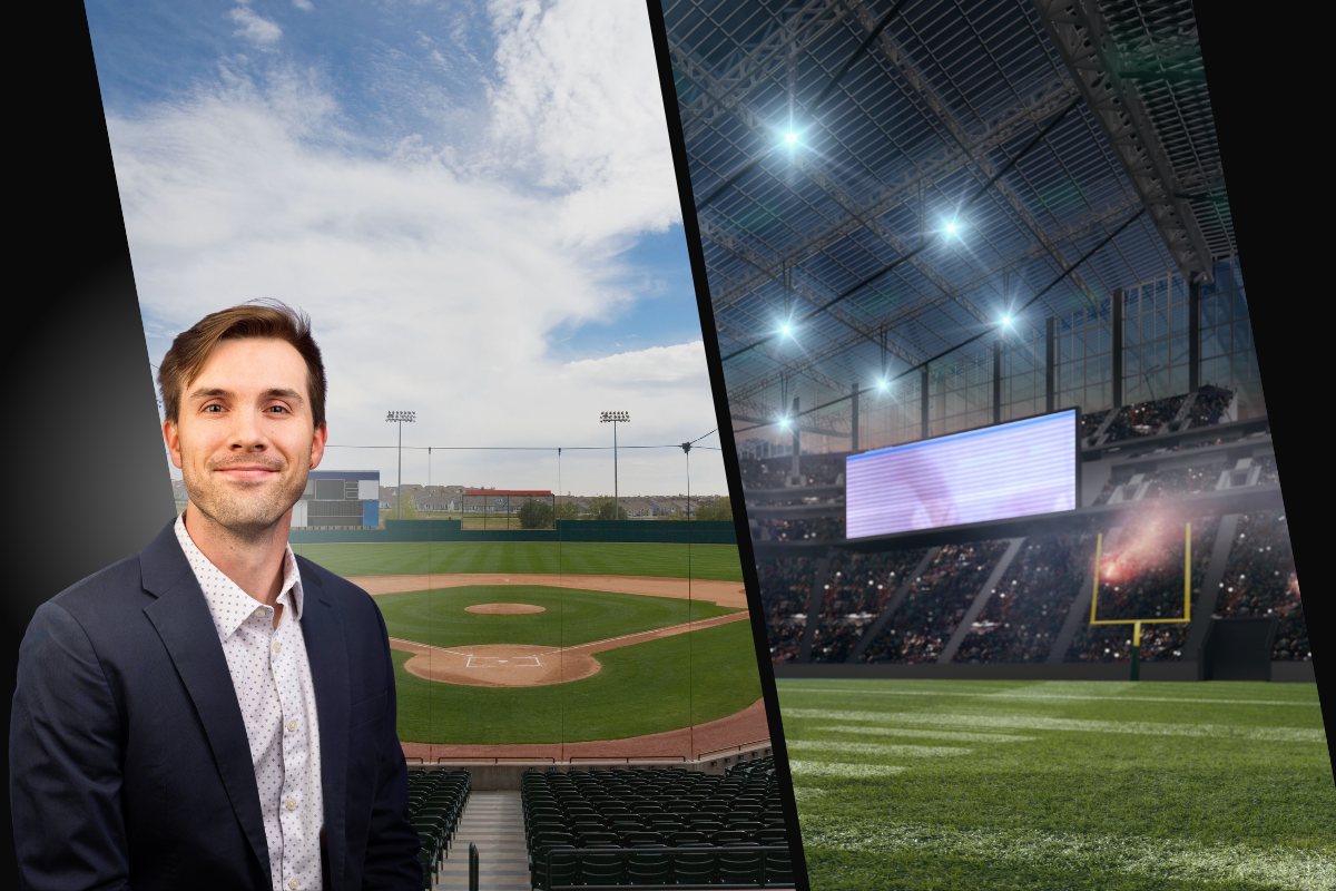 Dr. Carter posed in front of a baseball field and a football field.
