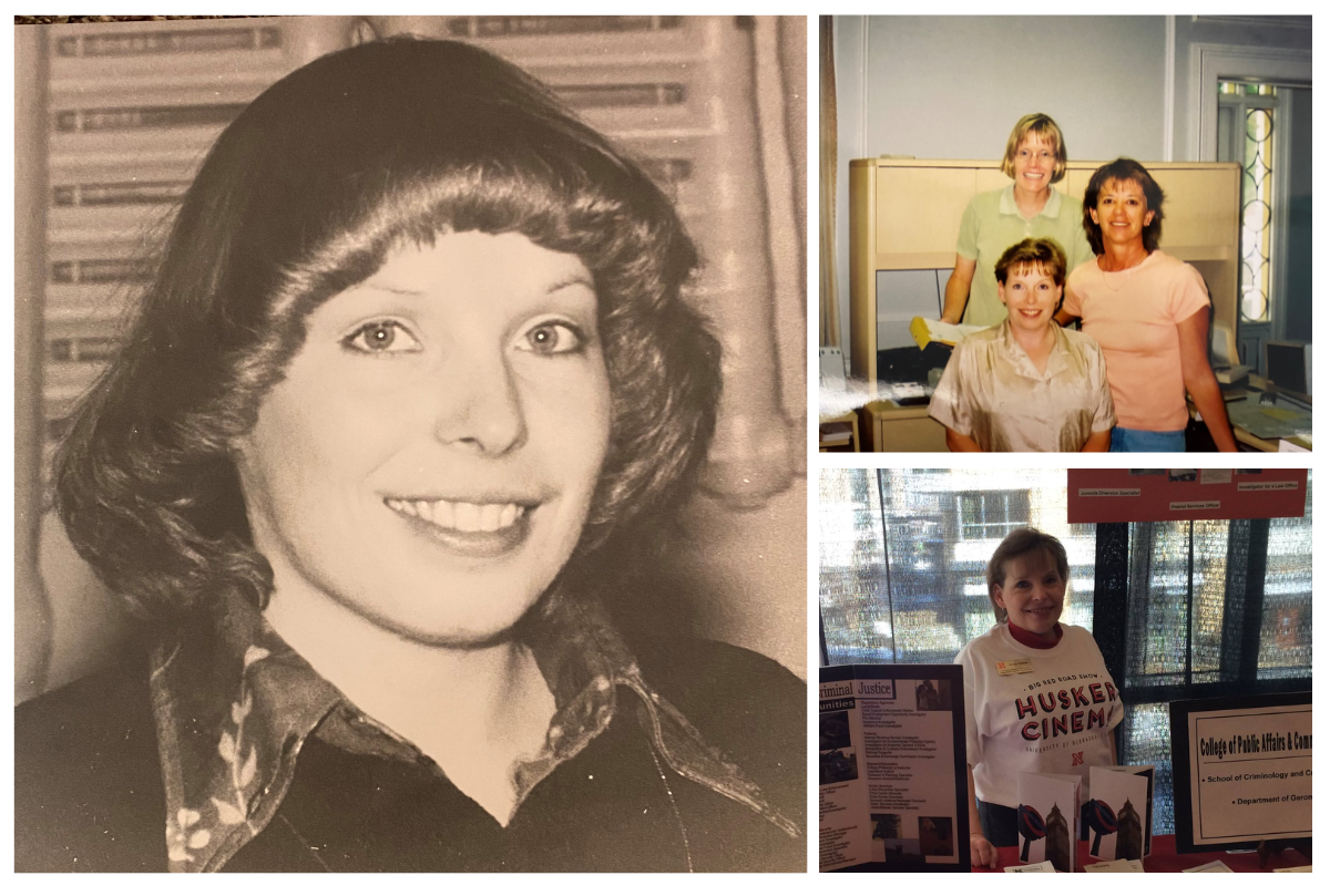 Three images of Karen Fulton at work.