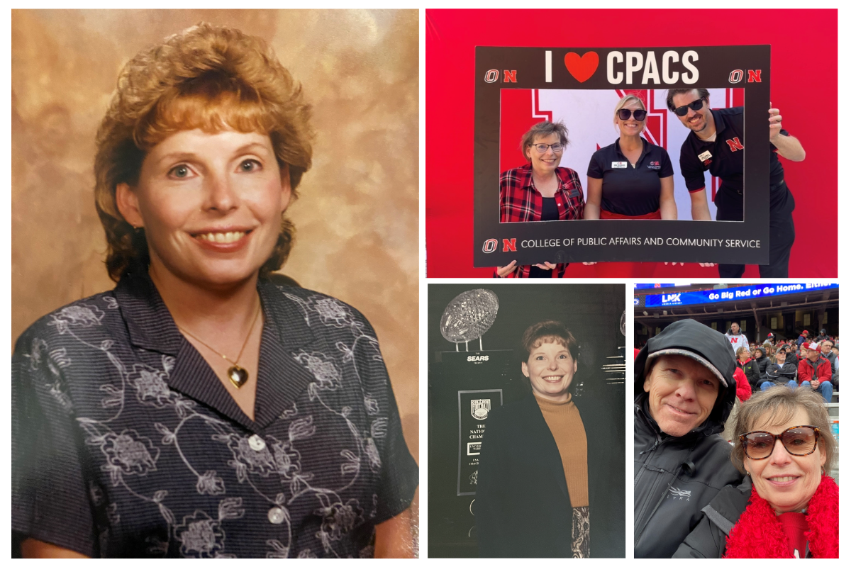 Four images of Karen Fulton, at a football game, in a CPACS photo frame, next to a pro football trophy, and a headshot.