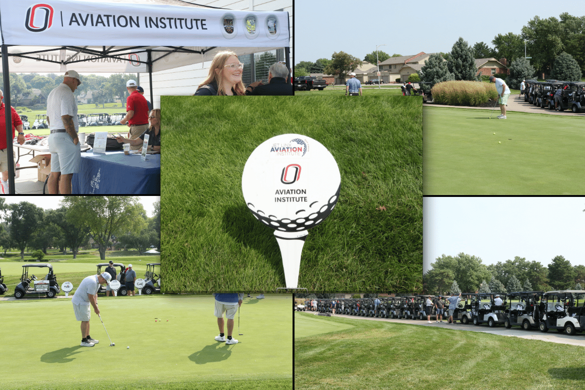 Multiple images of golfers on a golf course showing golf ball signs displaying participating organizations.