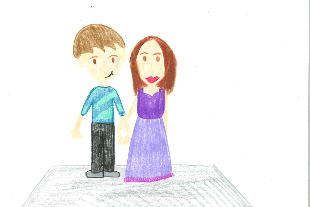 Crayon drawing of two people.