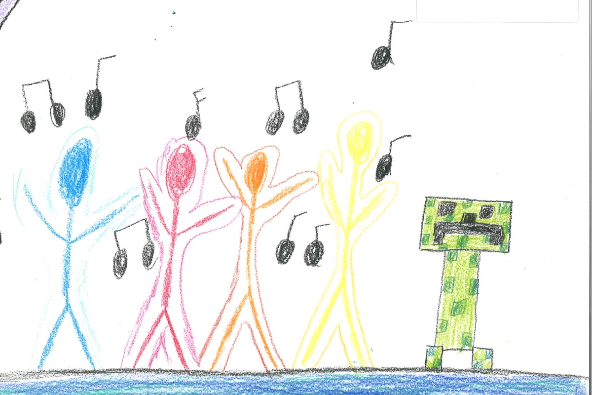 Crayon drawing of four people dancing.