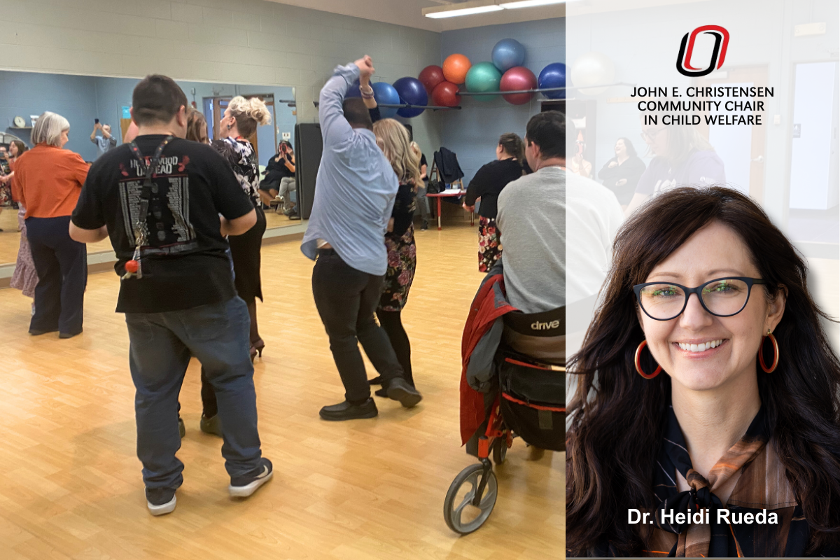 Group of adults dancing on a dance floor with a headshot of Dr. Heidi Rueda featured in front of it.