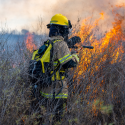 firefighter controlling fire in a field.