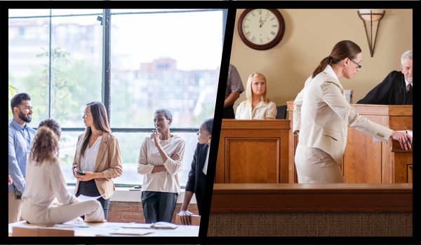 professionals in a meeting and a lawyer and judge in a courtroom.