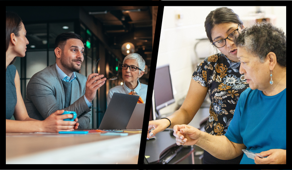 group of professionals in a meeting and a caregiver with a older adult.