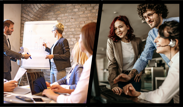 group of professionals in a meeting and three IT professionals working on a computer.