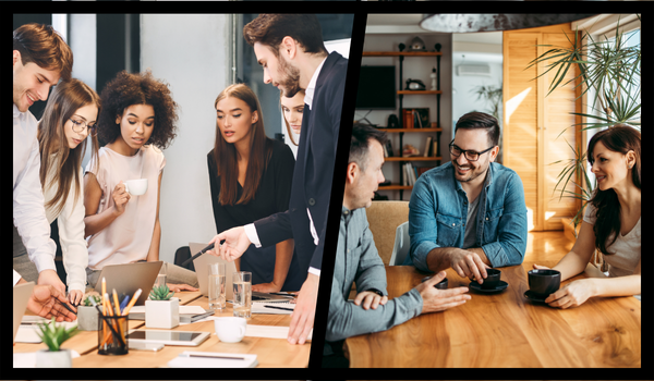 group of professionals in a meeting and a three people talking in a coffee shop.