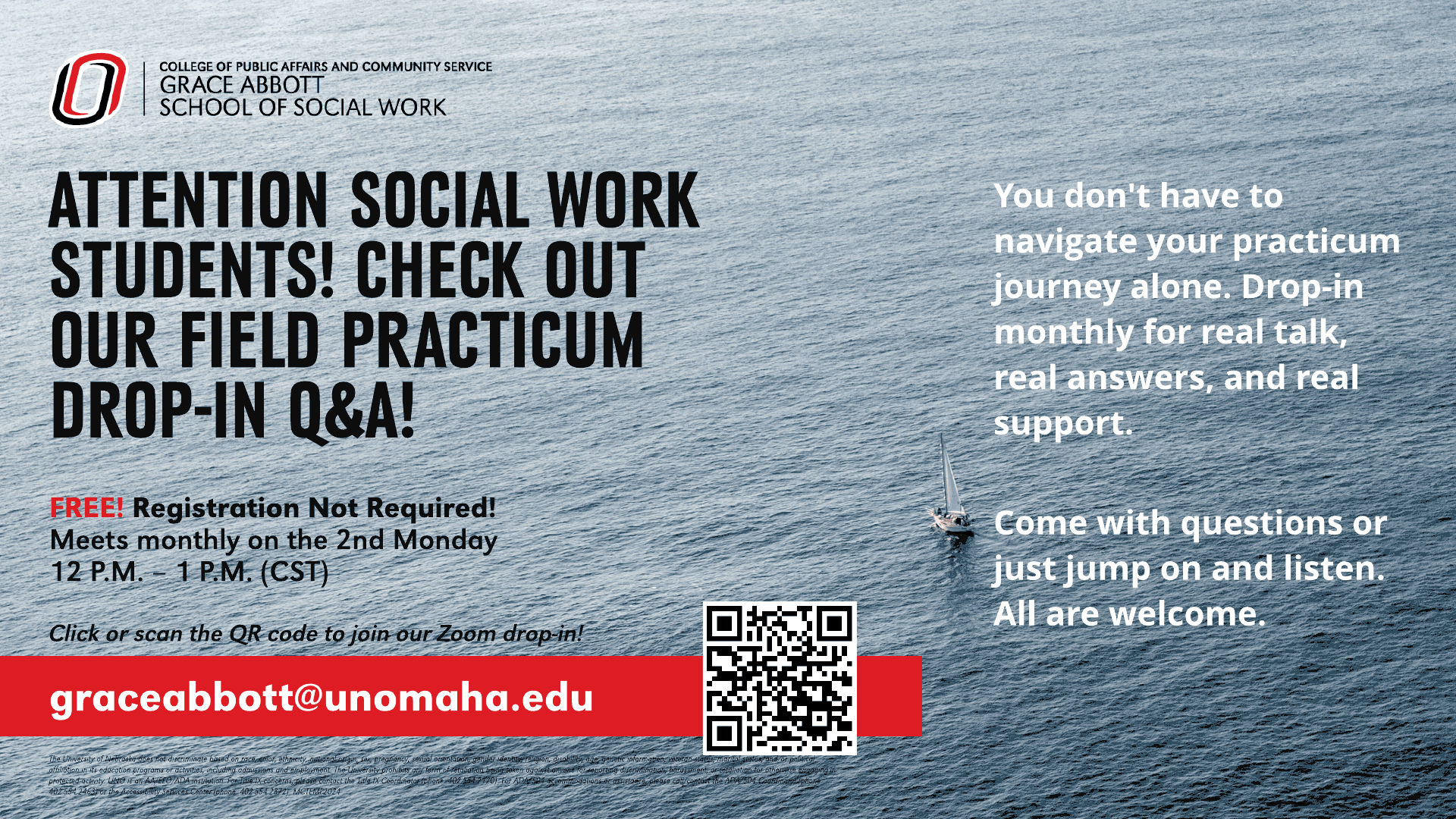 Open Ocean image with information about field practicum drop-in Q&A and QR code